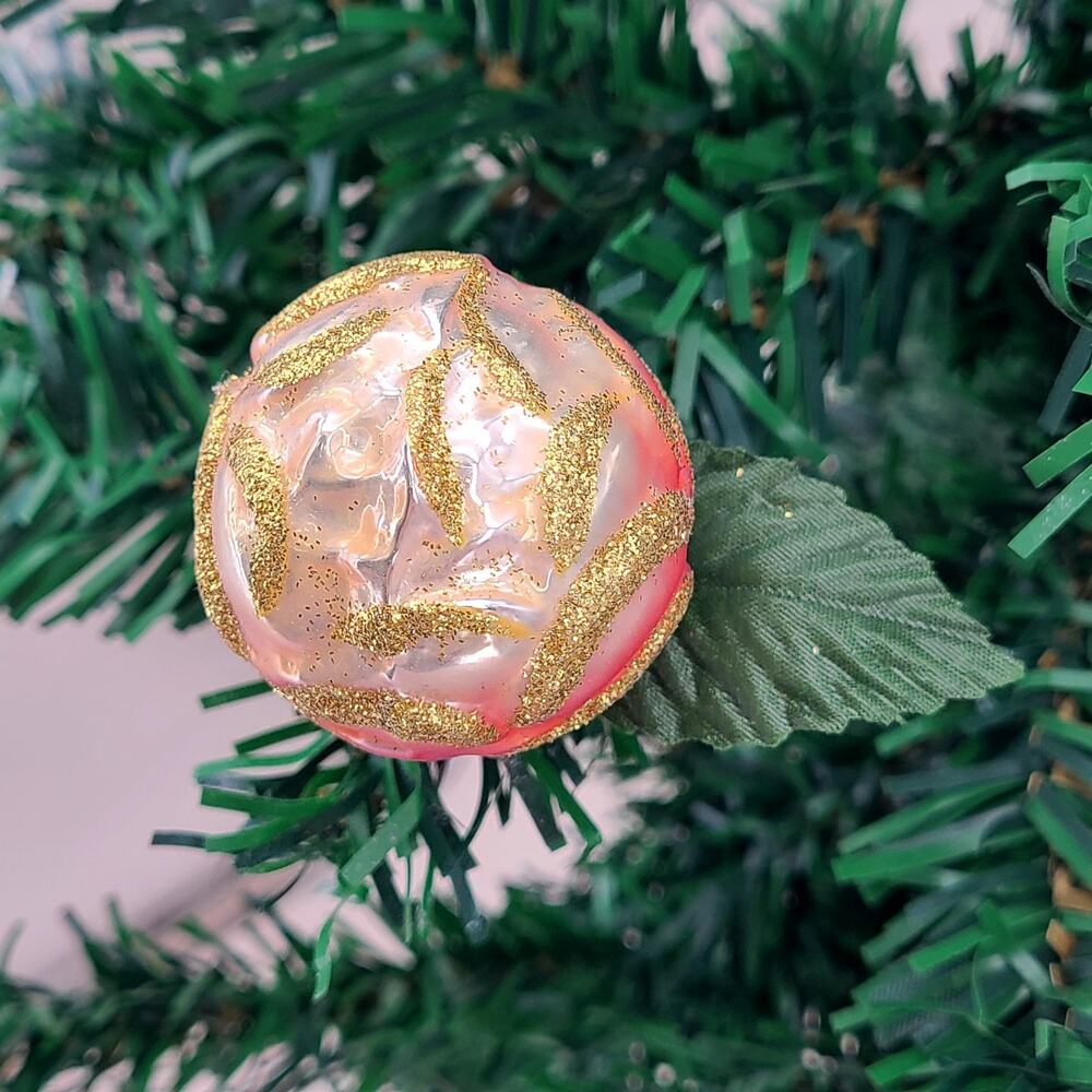 Inge-Glas German Embossed Glitter Pink Carnation Rose Clip Glass Ornament OWC